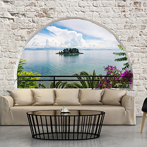 murando - Fototapete 350x245 cm - Vlies Tapete - Moderne Wanddeko - Design Tapete - Wandtapete - Wand Dekoration - Landschaft Natur Insel Palmen Blumen Fenster Stein Steinoptik blau grau c-A-0051-a-c