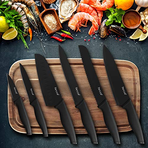 hecef Schwarz Oxid Messerset von 6 mit Passend Klinge Schützend Messerscheide,Schwarz Oxid Set mit Messer,Kratzen Beständig und Rostiger Beweis, Nicht -Stick Schwarz Farbe Beschichtung Klinge Messer