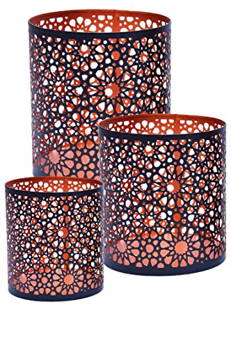 3er Set Orientalisches Windlicht Laterne Orientalisch Adiba 14cm Groß | Orientalische Vintage Teelichthalter Kupferfarben Innen schwarz außen | Marokkanische Windlichter aus Metall als Dekoration