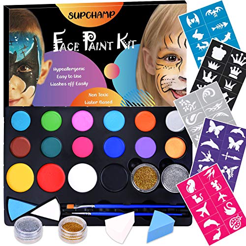 Supchamp Kinderschminke Set Face Paint，Schminkset für Kinder, 16-farbige, ungiftige Schminkpalette mit 50 Schablonen, Makeup für Kinder geeignet, Schminkset für Halloween und Fasching