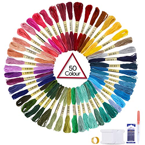 Oladwolf Stickgarn Set Stickerei Kreuzstich 50 Farbfäden, Garn Freundschaftsbänder Stickgarn Baumwollgarn Embroidery Threads Nähgarne Stickerei Basteln