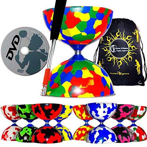 JESTER Profi Diabolo Set (8 Designs) mit Diabolo Alu Handstäbe und Diaboloschnur + Erfahren Diabolo Tricks DVD (auf Deutsch) & Flames N Games Reisetasche. (Multi Farbe)