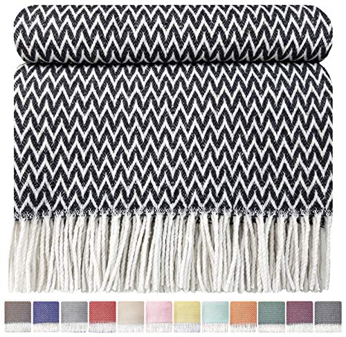 STTS International Baumwolldecke sehr weiches Plaid Wohndecke Kuscheldecke Baumwolle 140 x 200 cm Marbella Anthrazit Zick-Zack