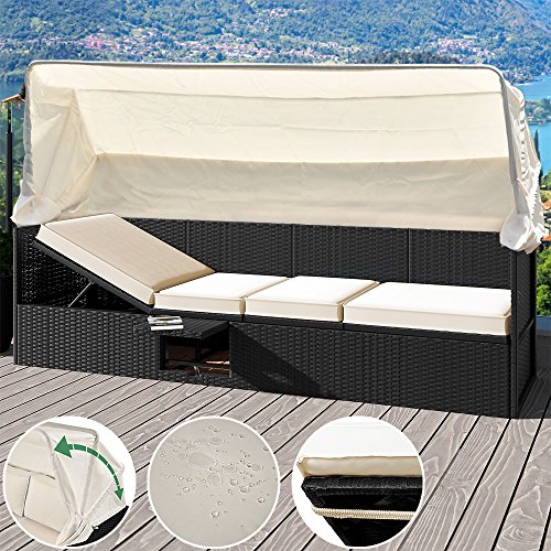 Deuba Poly Rattan Lounge Liege schwarz | faltbares Sonnendach | 7cm dicke Sitzauflagen creme | Klapptisch | UV-beständiges Polyrattan | wasserabweisend - Gartenliege Gartenlounge Sitzbank Strandkorb Sonnenschutz