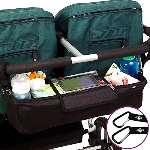 BTR Kinderwagen Organizer für Zwillings-Kinderwagen und Geschwisterwagen, exklusive Smartphone-Tasche und Handy Halter & wasserfester Regenschutz. PLUS 2 Kinderwagen Clips. Schwarz