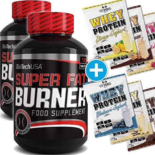 BioTech USA Super Fat Burner 2er Pack, (2 x 120 Kapseln) + 6x C.P. Sports 25g Whey Protein Testbeutel