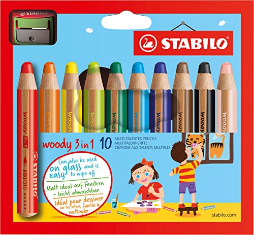 Buntstift, Wasserfarbe & Wachsmalkreide - STABILO woody 3 in 1 - 10er Pack mit Spitzer - mit 10 verschiedene Farben