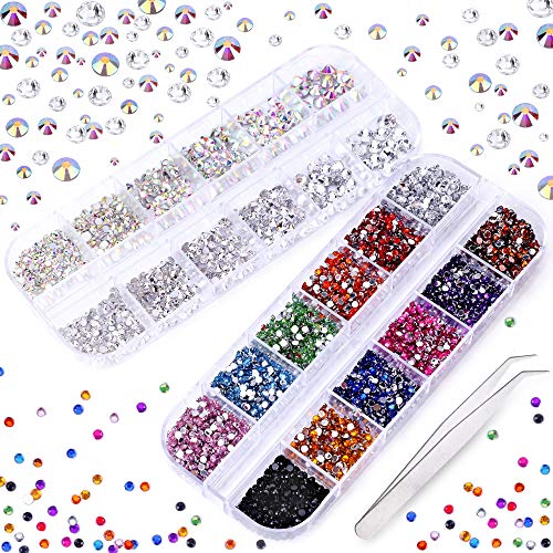 3000 x Strasssteine zum Basteln, mit flacher Rückseite, 7 Größen (1,5-5 mm), 13 Farben mit Pinzette zum Basteln, Nageldesign, Kleidung, Schuhe, Taschen, Handyhülle