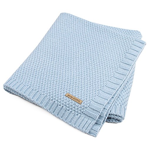 Per Organic Cotton Knitted Baby Decke Swaddle Empfangen Decken für Neugeborene Jungen Mädchen Kinder(Blau)