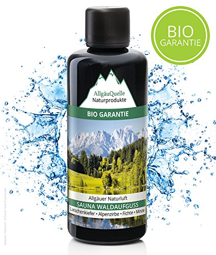 Saunaaufguss mit 100% BIO-Öle Waldaufguss Fichte Latschenkiefer Alpenzirbe Minze (100ml). Natürlicher Sauna-aufguss mit Sauna-ätherische-Öle im Aufguss-Mittel. Saunaduft natrurrein / Bio-Saunaöl