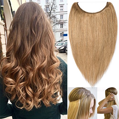 Extensions Echthaar mit Unsichtbarer Draht Dunkelblond - Haarverlängerungen Haarteile Glatt Haarverdichtung Keine Clip 18'-65g