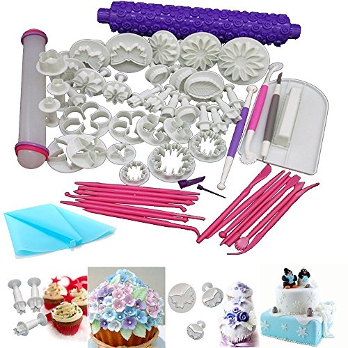 Anokay DIY 54tlg. Backen Fondant Stempel Tortendeko Ausstecher Ausstechformen Auswerfer Modellierwerkzeug Glätter Fondant Formen Marzipan-Messer Kuchendekoration Set Backen mit Spritzbeutel (54 teilig)