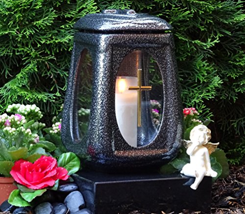 Grablaterne Grablicht Keramik Silber Glas Kreuz mit Grabkerze Grablampe Grabschmuck Grableuchte Laterne Grabkerze Lampe Kerze Licht Friedhof Garten