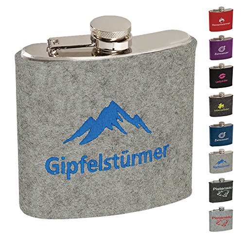 ebos Edelstahl Flachmann, 180ml - verschiedene Motive  Schraubverschluss  Filzhülle  Robust | Taschenflachmann in silber für Schnaps | Taschenflasche edel mit Hülle aus 100% Woll-Filz (Gipfelstürmer hellgrau)