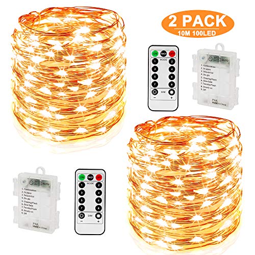 Nasharia 2er Stück 10M 100 LED Lichterkette 8 Modi Außenbeleuchtung Batteriebetrieben Kupferdraht Wasserdicht IP67 mit Fernbedienung und Timer für Outdoor, Innenbeleuchtung,Weihnacht und Deko-Warmweiß