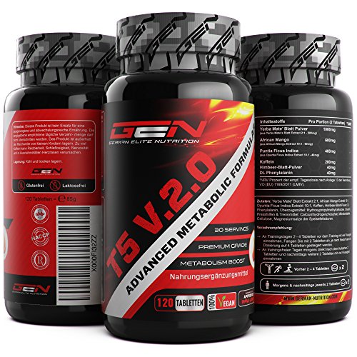 T5 V.2.0 Hardcore Fatburner - USA Nummer 1 - Extreme - 120 Tabletten - Mit Yerba Mate Blatt Extrakt, African Mango Extrakt, Opuntia Ficus Extrakt, Koffein, Raspberry - German Elite Nutrition