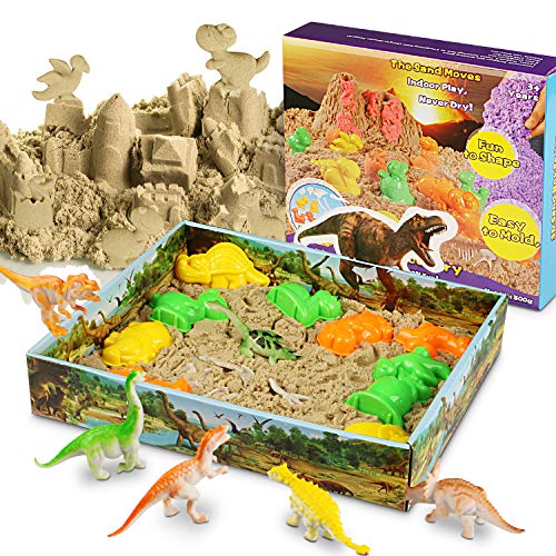 Magicfun 3D Kinetic Sand Set Beinhaltet 500g natürlichen Indoor Spielsand, 10 Dinosaurier Förmchen, 1 Beutel Dinosaurier Fossilien und 1 3D Sand-Box zum Formen von Figuren. Set für Kinder