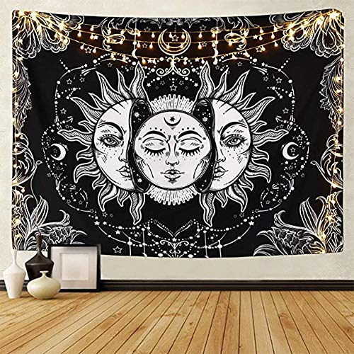 LOMOHOO Tarot-Wandteppich Sonne und Mond Psychedelische Tapisserie Schwarz Himmlisch Wandbehang Wandteppiche indisch Mandala Bohemien Hippie Strand werfen