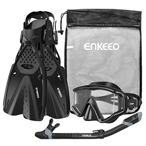 ENKEEO Schnorchelset 3-in-1 Tauchmaske mit der Neueste Anti-Fog Weitwinkel-Tauchbrille, trockenen Atemschlauch, Profi Flossen und Netzbeutel, Schwarz (L/XL)