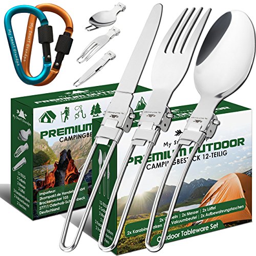 DOPPELPACK Outdoor Team Campingbesteck mit 2 gratis Karabinerhaken. Edelstahl Klapp-Camping-Besteck-Set, Reisebesteck leicht