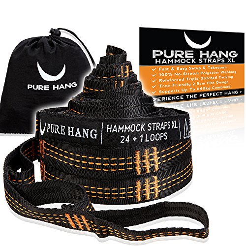 PURE HANG XXL Outdoor Befestigungs-Set Aufhängung Aufhängeset für Hängematten Baum Holz-Masten Balken max. 640kg - Hochbelastbar & Verstellbar 4 Meter x 2,5cm mit 24+1 Schlaufen pro Gurt - TÜV geprüft