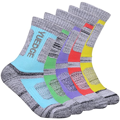 YUEDGE 5 paar Wandersocken Trekkingsocken für Damen Atmungsaktiv Sportsocken Hochleistung (L, Rosa/Gelb/Grasgrün/Hellblau/Lila)