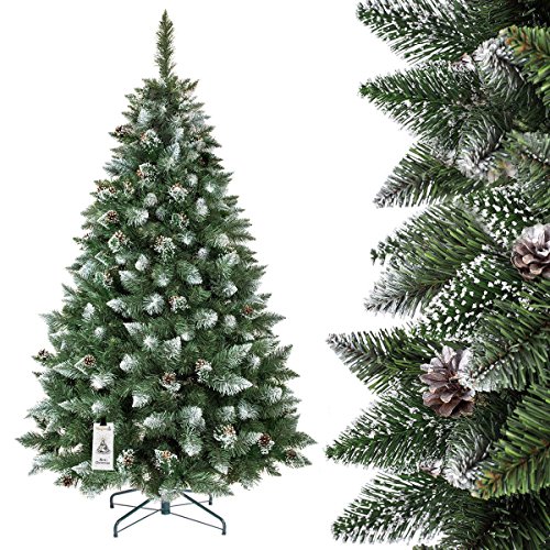FairyTrees künstlicher Weihnachtsbaum KIEFER, Natur-Weiss beschneit, Material PVC, echte Tannenzapfen, inkl. Metallständer, 180cm, FT04-180
