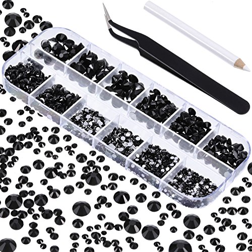 2000 Stücke Flache Rückseite Gems Runder Kristall Strasssteine 6 Größen (1,5-6 mm) mit Pick up Pinzette und Strass Picking Stift für Handwerk Nagel Gesicht Kunst Kleidung Schuhe Taschen DIY (Schwarz)