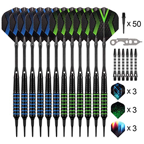 Dartpfeile mit kunststoffspitze,12 Stück Soft Darts Pfeile Set,18 Gramm Profi Softdarts dartpfeil,Dart,18 Aluminium Schaft mit 9 Flights 50 Spitzen 20 Anti-Lose Gummiringe