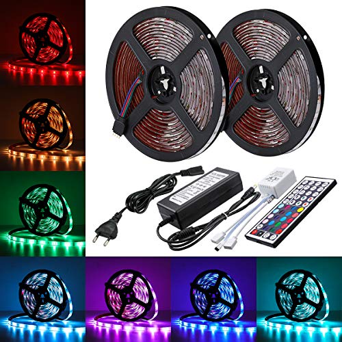 AMBOTHER LED Streifen LED Strip 10M RGB 5050SMD 300 LED Lichtband IP65 Wasserdicht LED Bänder Lichterkette mit Netzteil 44 Tasten IR Fernbedienung selbstklebend Kit für Innen außen Beleuchtung Deko