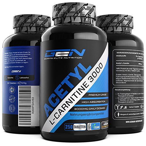 Acetyl L-Carnitin 3000 - 250 Tabletten - 3000 mg pro Tagesportion - Extra Stark - 100% Acetyl L-Carnitine - Stärkste L-Carnitine Form - Vegan - Premium Qualität - German Elite Nutrition