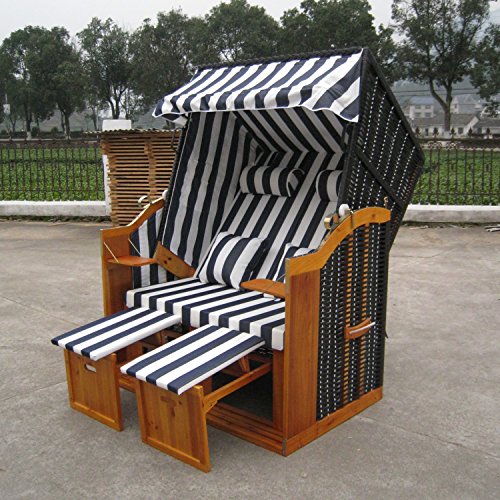 Jalano Zweisitzer Strandkorb mit klappbarer Rückenlehne für 2 Personen 118 x 80 x 160 cm (Blau / Weiss)