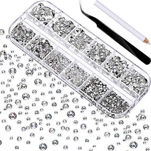 2000 Stücke Flache Rückseite Gems Runder Kristall Strasssteine 6 Größen (1,5-6 mm) mit Pick up Pinzette und Strass Picking Stift für Handwerk Nagel Gesicht Kunst Kleidung Schuhe Taschen DIY (Klar)