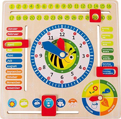 Lernuhr aus Holz, farbenfrohe Lerntafel enthält Datum, Uhrzeit als auch Jahreszeiten, mit drehbaren Zeigern und schiebbaren Kästchen, für Kinder ab 3 Jahren