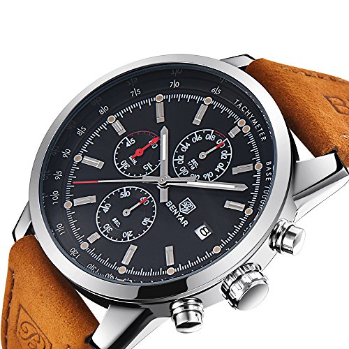 Chronograph Uhr Herren mit Luxus Wasserdicht Business Analog Quarz Schwarz Zifferblatt Armbanduhr für männer Leder Band Braun