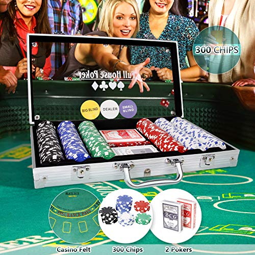CCLIFE 300 500 PCS Pokerset Profi Pokerspiel inkl. Pokerdecks Dealer Button Poker Set Pokerchips Tischauflage Spielmatte, Größe:300 Chips
