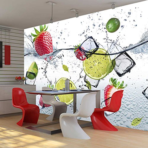 murando - Fototapete Küche 350x256 cm - Vlies Tapete - Moderne Wanddeko - Design Tapete - Wandtapete - Wand Dekoration - Obst Limone Erdbeere grün weiß rot Wasser Eis 10110908-2