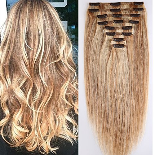 Clip in Extensions Set 100% Remy Echthaar 8 Teilig Haarverlängerung dick Dopplet Tressen Clip-In Hair Extension ( 35cm-120g,#18/613 Light Aschblond/Weißblond)