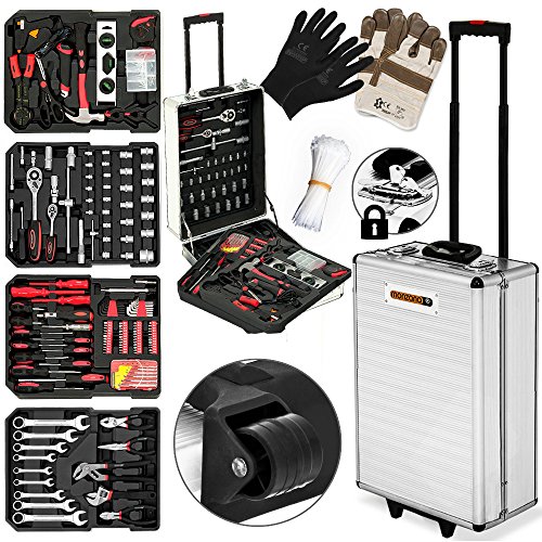 Monzana Werkzeugkoffer gefüllt 729tlg  abschließbar  Aluminium Rollkoffer  inkl. vielseitigem Zubehör & Arbeitshandschuhen  Modellauswahl - Werkzeugkasten Werkzeugkiste Werkzeug Trolley bestückt
