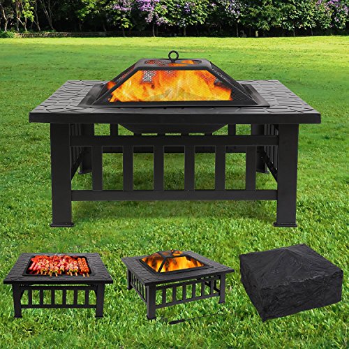 FEMOR Feuerstelle mit Grillrost 81x81x45cm, Multifunktional Fire Pit für Heizung/BBQ, Garten Terrasse Feuerschale,Quadratisch Metall Feuerkorb mit wasserfeste Schutzhülle,Tolles Geschenk Festtag