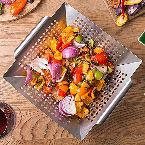 GrillKorb, RUN ANT Gemüsekorb aus Edelstahl Großer Rost Korb Grillschale Grillpfanne Grillzubehör für Gemüse, Fleisch, Fisch, Garnelen, Obst, einfache Reinigung in der Spülmaschine 34 x 29,5 x 6,3 cm