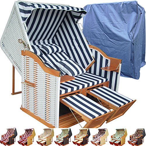 Strandkorb XXL für Balkon blau gestreift inkl Strandkorb Schutzhülle - blau gestreift mit weißem Polyrattan und braunem Holz, Form Ostsee Strandkorb