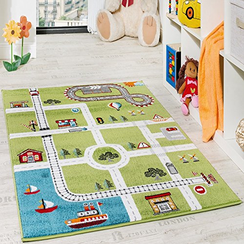Kinderteppich Spielteppich City Hafen Straßenteppich Stadt Straße Grau Grün, Grösse:120x170 cm