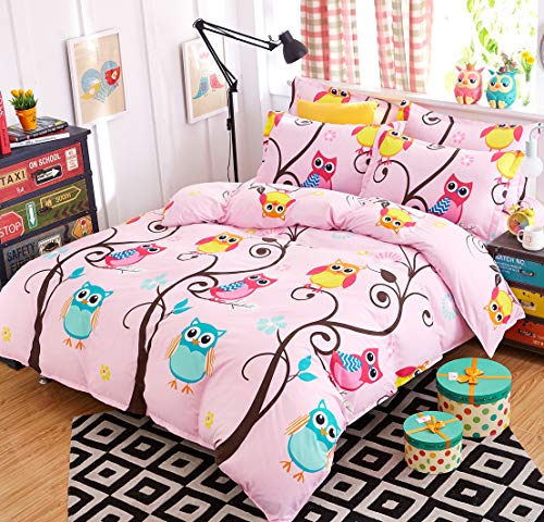 AShanlan Kinderbettwäsche Mädchen 135 x 200 Rosa 2 Teilig Eule 100% Mikrofaser Kinder Mädchen Bettbezug und Kopfkissenbezug 80x80 Pink Bunt Owl 135x200 cm