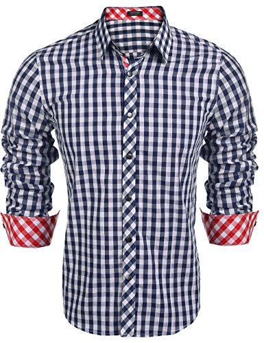 Coofandy Herren Hemd Kariert Cargohemd Trachtenhemd Baumwolle Freizeit Regular Fit (XXL, A-Blau)