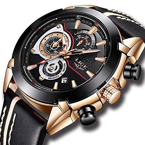 Herren Uhren Mode Lederband Analog Quarz Wasserdicht Uhr Lässige Männer Chronograph Militärische Sportuhr LIGE Gent Klassisch Luxus Datum Kalender Schwarzes Zifferblatt Armbanduhr für Herren