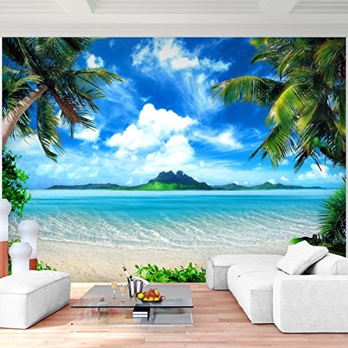 Fototapete Strand Meer Palmen 352 x 250 cm Vlies Wand Tapete Wohnzimmer Schlafzimmer Büro Flur Dekoration Wandbilder XXL Moderne Wanddeko - 100% MADE IN GERMANY - Landschaft Natur Blau Runa Tapeten 9004011a