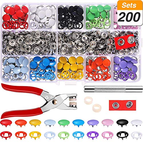 QFUN Zubehöre in Organizer Hohle Feste Druckknöpfe Snaps Zange Handwerk Werkzeug Prong Snaps 10 Farben Nähfrei Buttons für DIY Basteln (200 Set)