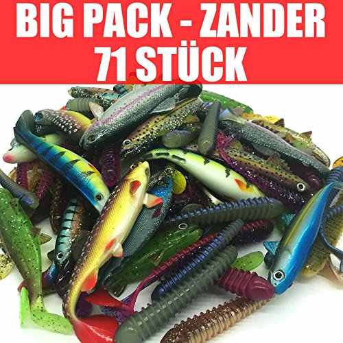 Jackson 71 Stück Gummifische Set Kunstköder XL - Zander Angeln 10-13cm - Angelset Profi