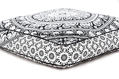 Elefanten Mandala-Bodenkissen. Indischer quadratischer Sitzkissen, großer Meditationskissen, übergroßer Outdoor Bettkissen
